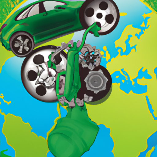 איור של אדמה ירוקה עם חלקי רכב, המסמלים את היתרונות הסביבתיים של פירוק מכוניות.